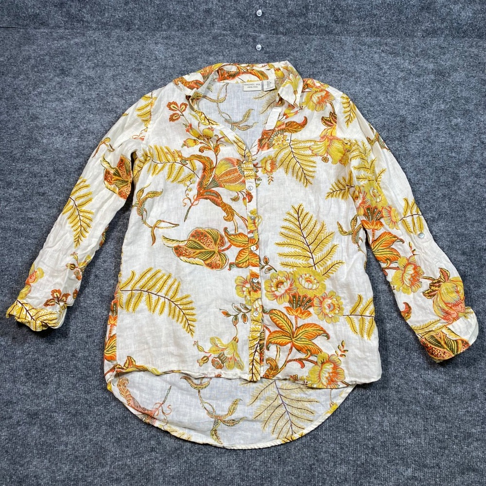 Rachel Zoe Womens Small 100% Linen Floral Botanical Button Down Shirt Orange S